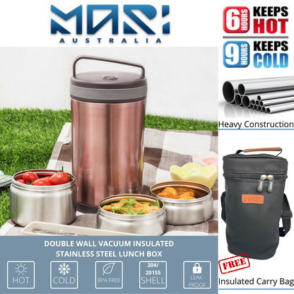 MARI Vacuum Insulated Lunch Box Stainless Steel Food Containers Thermal Bag + Cutlery