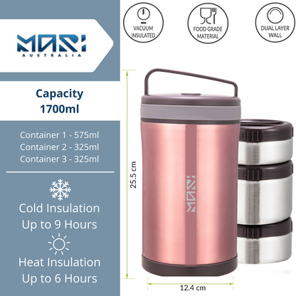 1.7L Capacity with 3 Separate Compartments keeps food hot for 6 hours and cold for 9 hours 